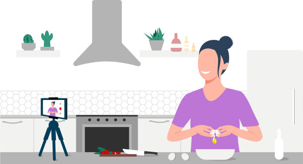 美食博客直播。一个漂亮的女人正在打鸡蛋，并在他的手机上录制在线烹饪视频。通过手机摄像头与用户交流的女性。每股收益10。图片下载