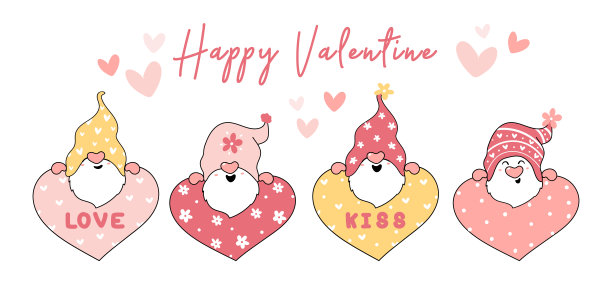 可爱的情人节粉色侏儒与心，爱，吻收集，卡通轮廓向量图片下载