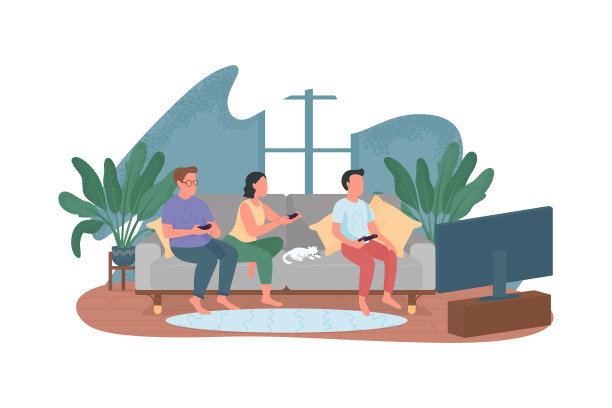 朋友在家玩视频游戏2D矢量网页横幅，海报图片下载