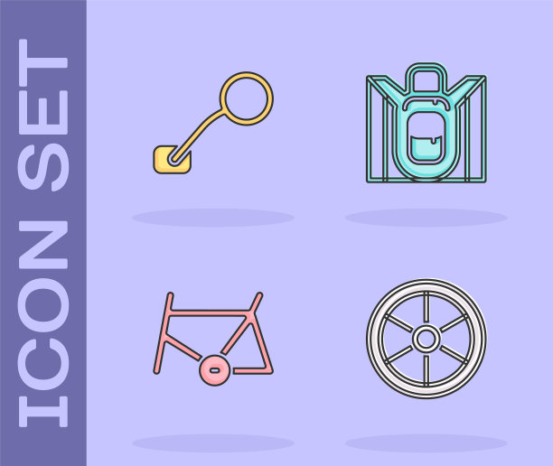 设置自行车车轮，后视镜，框架和徒步背包图标。向量图片下载