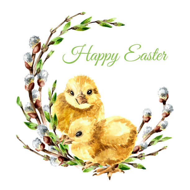 复活节快乐卡片，花环与小小鸡和春天的树枝，手绘水彩插图孤立在白色的背景图片下载