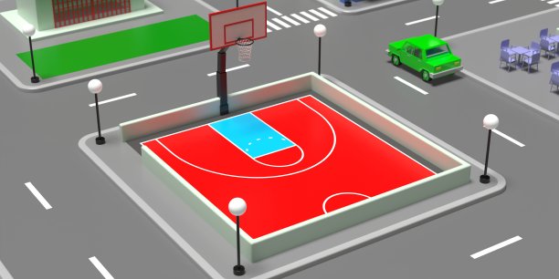 卡通篮球场市中心概念。开放的街道竞技场背景。三维演示图片下载