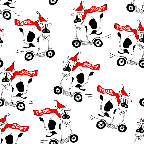 2021年涂鸦风格的动物象征。圣诞无缝图案与新年牛踏板车。图片下载
