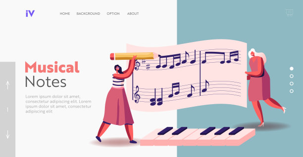 在巨大的木板着陆页面模板上写笔记的小女性角色。钢琴家女子钢琴演奏会图片下载