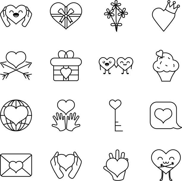 礼盒和心形图标设置线条风格图片下载