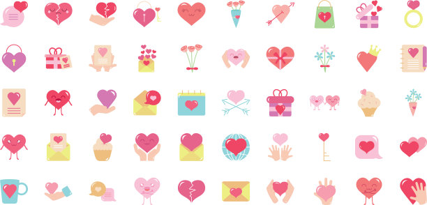 心形和爱情图标设置扁平化风格图片下载