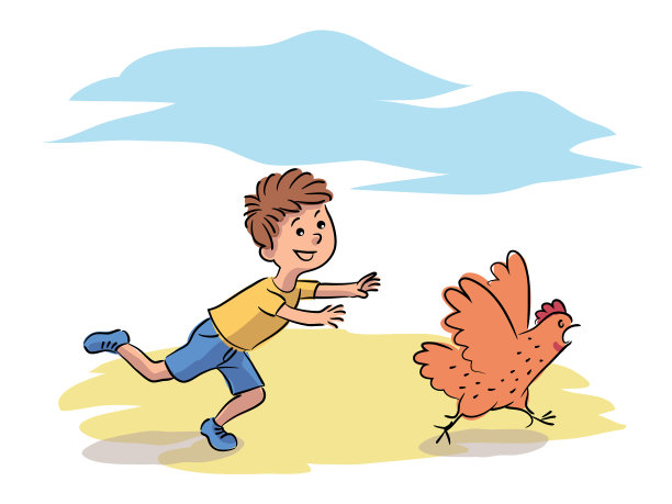 不守规矩的男孩在农场的院子里追母鸡图片下载