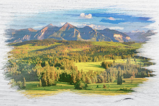 绿谷和塔特拉山，水彩画图片下载