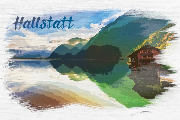 阿尔卑斯山的高山湖泊水彩画，哈尔斯塔特图片下载