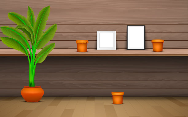 木架上的相框和花瓶图片下载