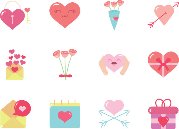 鲜花花束和爱情图标设置扁平风格图片下载