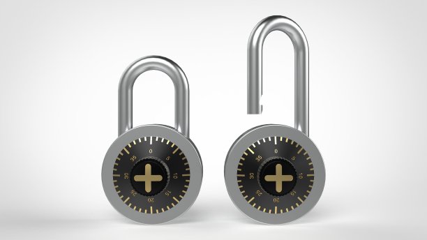 打开封闭的钢挂锁与数字上的白色背景3d渲染图像图片下载