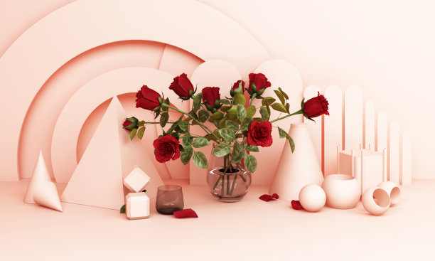 红玫瑰花瓶与几何背景在粉红色调3d渲染图片下载