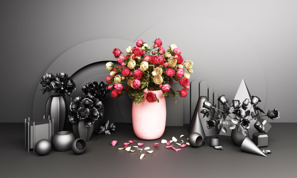红玫瑰花瓶与几何背景在粉红色和黑色色调的3d渲染图片下载