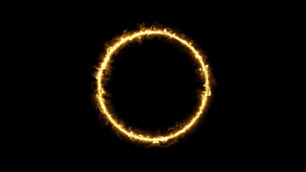 美丽的火环在黑色的背景。摘要太阳火圈。逐渐出现了燃烧的火圈。图片下载