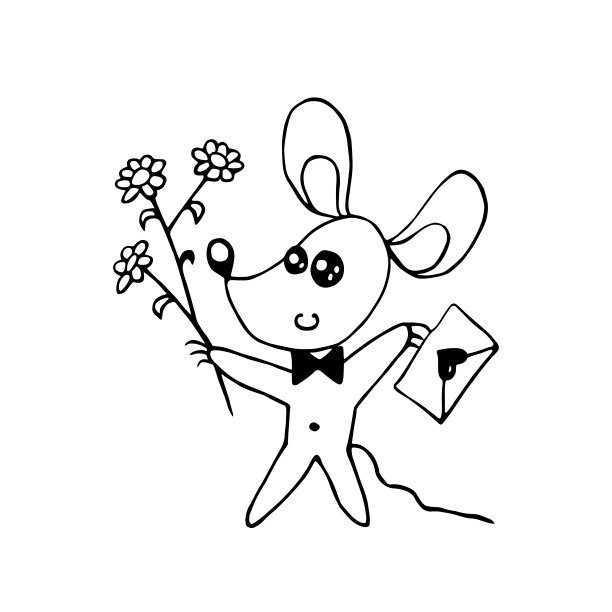 矢量可爱的轮廓小鼠标与情书和花束。手绘涂鸦。简单的设计元素，贺卡，情人节，生日，着色书图片下载