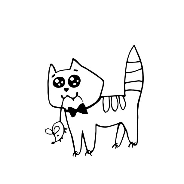 矢量可爱的轮廓猫与老鼠在它的牙齿。手绘涂鸦。爱的象征，礼物。简单的设计元素，贺卡，情人节，生日，着色书图片下载