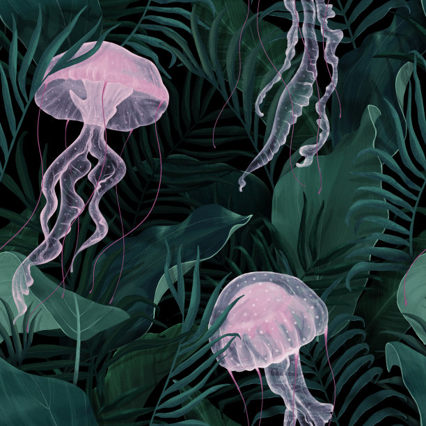 热带奇异的无缝海蜇和热带叶图案。图片下载