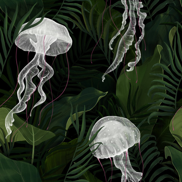 热带奇异的无缝海蜇和热带叶图案。图片下载