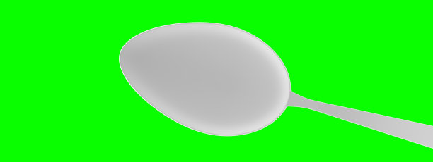 绿色背景上的勺子。用于餐厅、咖啡馆、披萨店设计的勺子。极简设计的厨房勺子的广告目的。3D渲染，3D渲染。图片下载