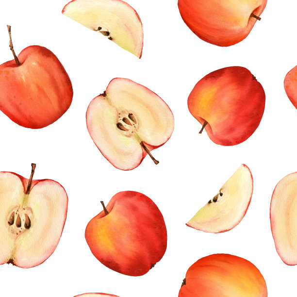 无缝水彩红苹果图案，半切，切片。孤立在白色背景上。感恩节和收获日的食物插图，剪贴簿图片下载