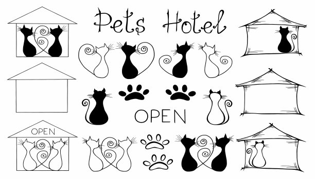 一套图标和标志与黑猫的剪影，房子，铭文和动物脚印。为宠物酒店，兽医诊所，宠物商店，美发店。白色背景上的手绘。图片下载