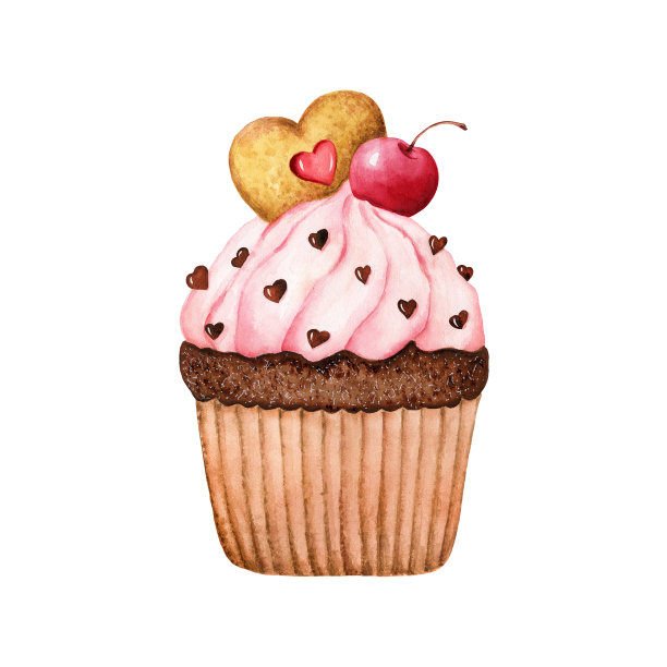 水彩饼干蛋糕。粉色奶油，心形巧克力，樱桃。孤立。爱情插图情人节，浪漫的婚礼，生日，标签。图片下载