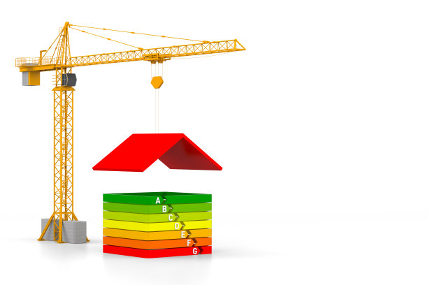 白色背景上的塔吊和简单的房子具有节能效果。三维渲染图片下载