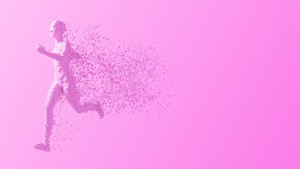 数字人运行，并留下一个3d像素的轨迹在粉红色的背景图片下载