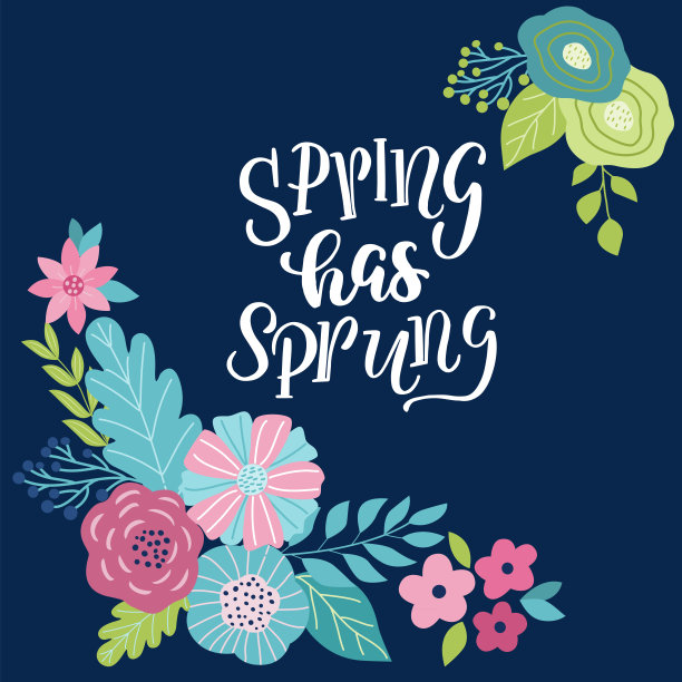 节日贺卡上有一束鲜花的图片，上面写着“春天来了”。用于设计海报，横幅，祝贺，t恤，封面，杯子，枕头上的印花图片下载