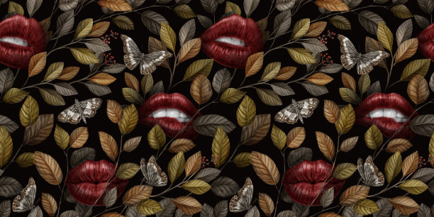 抽象无缝图形的秋天图案与嘴唇，蝴蝶，树叶和古董花图片下载
