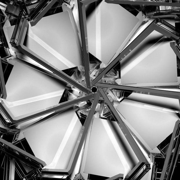 基于铝金属材料中三角形金字塔分形对称形状的抽象黑白单色艺术三维背景与部分超现实机械工业机构三维渲染图片下载