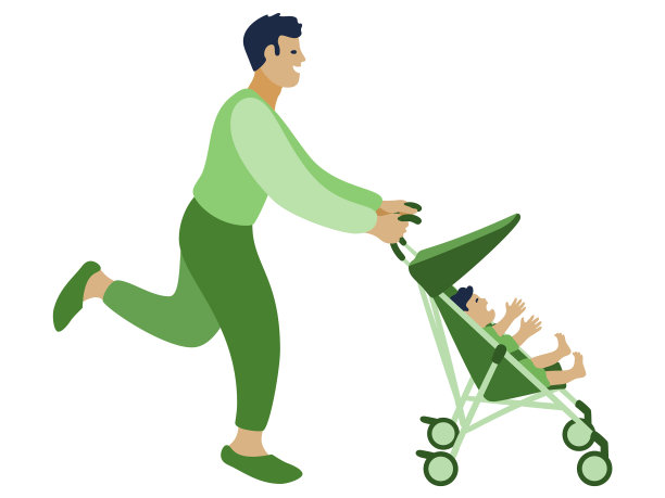 亚裔爸爸推着婴儿车跑着图片下载