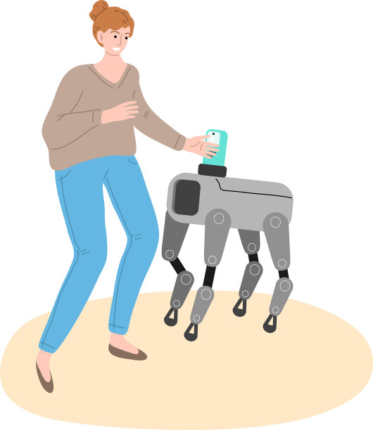 一个微笑的年轻女人在玩金属机器狗图片下载