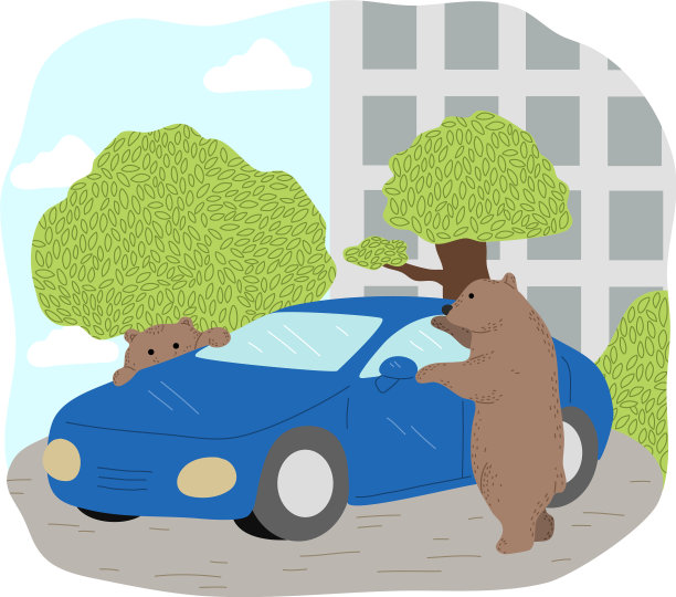 两只灰熊在调查城市里的蓝色汽车图片下载