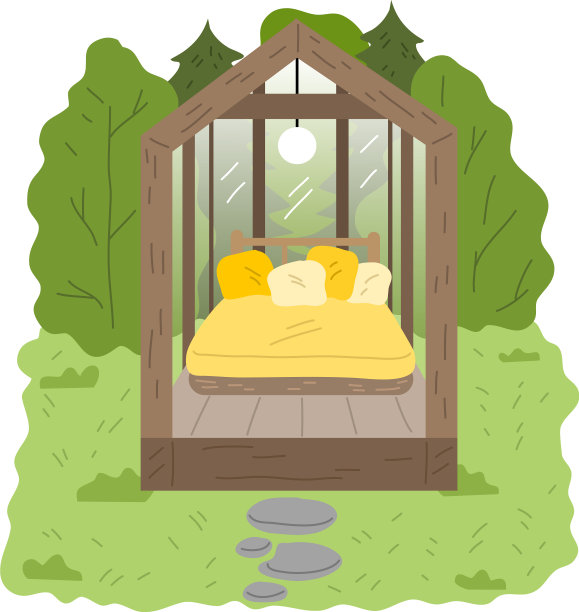 有透明墙壁的木制野营屋图片下载