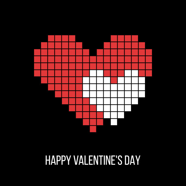 黑色背景上的两个像素艺术心，情人节快乐的卡片图片下载
