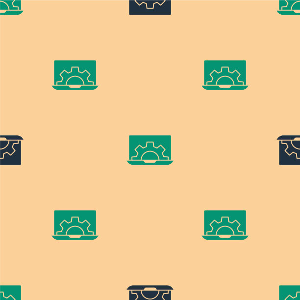 绿色和黑色笔记本电脑和齿轮图标隔离图片下载