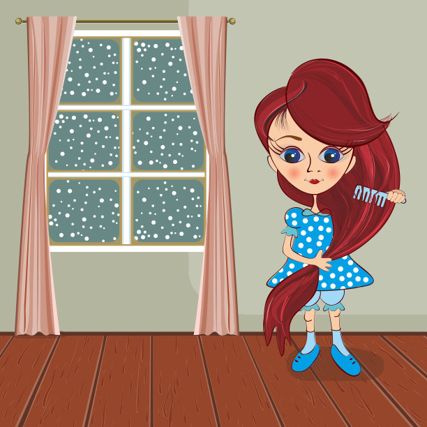 一个穿着蓝色连衣裙的可爱小女孩梳着她的长发图片下载