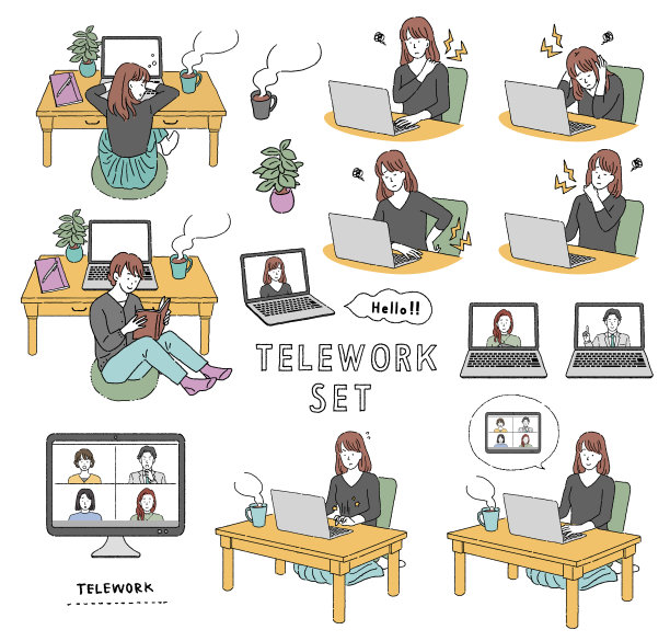 一个女人在电脑上远程工作的插图图片下载