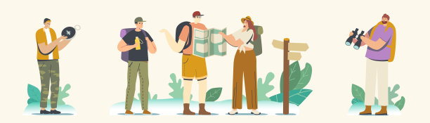 在山脉或岩石上的背包客角色。旅行者冒险，暑假，徒步旅行爱好概念，定向越野图片下载