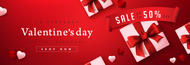 情人节促销海报或横幅红色背景与礼品盒和心形图片下载