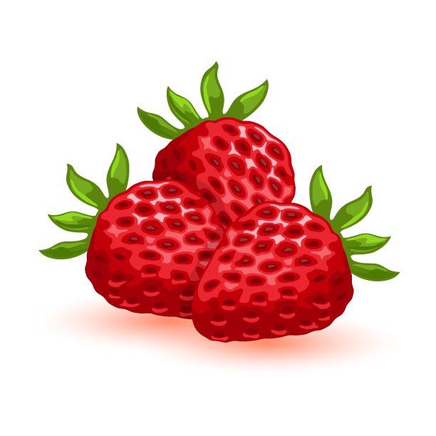 有叶子的成熟草莓。三个甜的红浆果。卡通矢量图标孤立在白色。图片下载