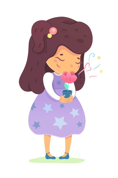 女孩嗅着手里的花。嗅觉矢量图。小快乐的孩子站在大自然中，拿着花盆和植物。童年快乐教育。可爱的微笑的孩子图片下载