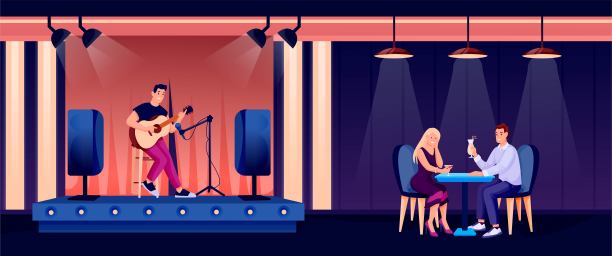 人们在晚上的酒吧或酒吧。年轻人在聚光灯下弹吉他，浪漫的约会在餐桌上。傍晚娱乐活动矢量插图。水平全景图片下载