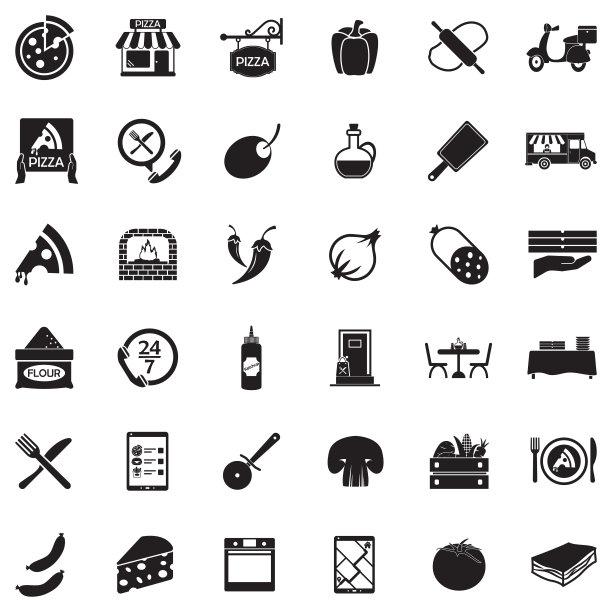 披萨图标。黑色的平面设计。矢量插图。图片下载