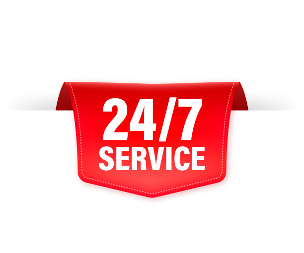 一天24小时，一周7天图标，红色丝带孤立在白色背景上。图片下载