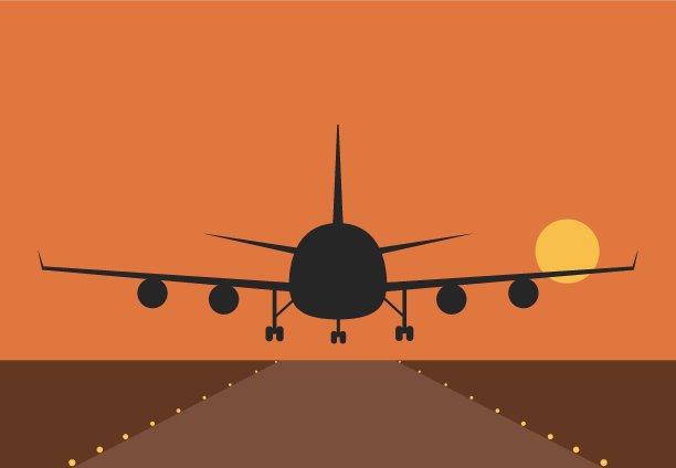 在日落降落飞机。旅游概念模板设计。图片下载