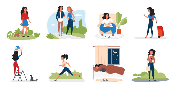 女孩在日常活动集，卡通年轻女子吃披萨，睡觉，散步图片下载