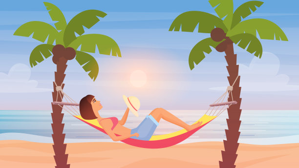女孩躺在沙滩吊床夏日热带景观，可爱的年轻女子休息图片下载
